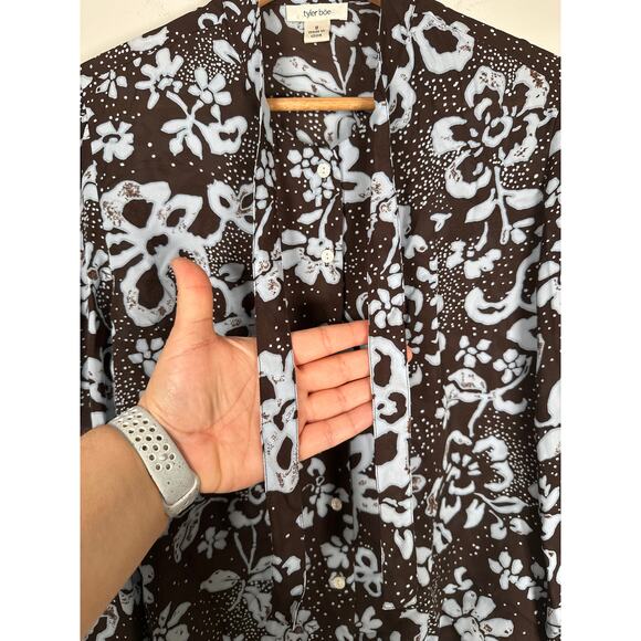 Tyler Boe Size 8 Button Up Brown Blue Floral Womens 100% Silk Blouse - Picture 5 of 11